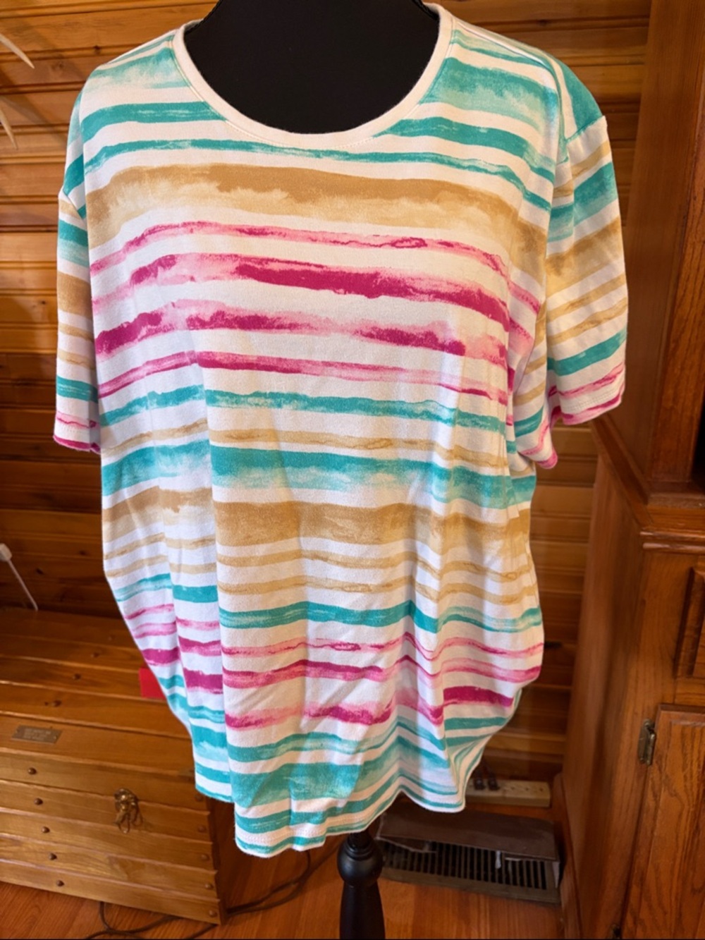 Kim Rogers Striped Short-Sleeve Tee in Teal, Pink & Tan
